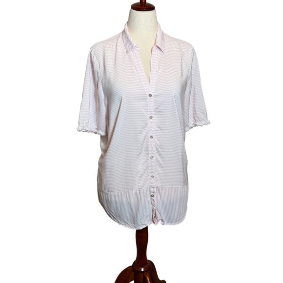 J. Jill blouse pale pink & white striped button up with lace sleeve trim Sz L - Picture 1 of 8